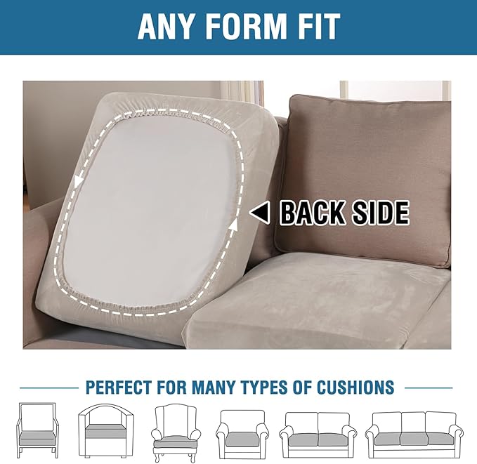 H.VERSAILTEX Velvet Stretch Couch Cushion Cover Plush Cushion Slipcover for Chair Loveseat Sofa Cushion Furniture Protector Seat Cushion Sofa Cover (3 Piece Sofa Cushion Covers, French Oak)