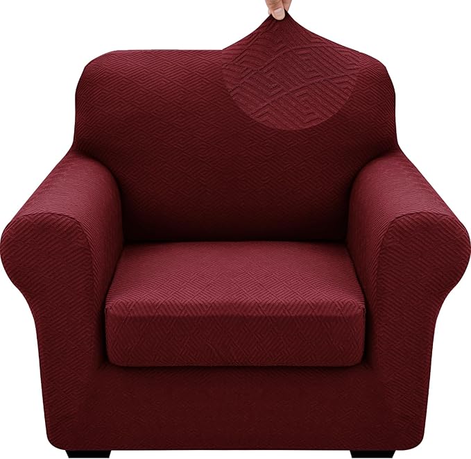 XINEAGE 2026 New 2 Pieces Chair Covers with Arms Super Stretch Chair Slipcover for Living Room Pet Dog Universal Slip Cover Anti Slip Armchair Furniture Protector (Wine Red), 31"-46"(1 Cushion)