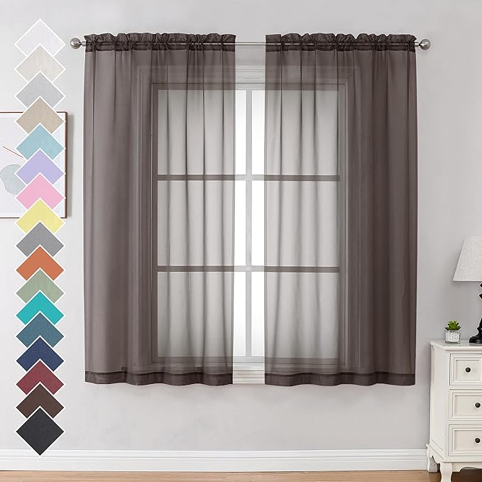 OVZME 2 Panels Sheer Curtains 63 Inches Long Light Weight Soft Voile Drapes, Window Curtain Sheers Elegant Rod Pocket Top for Basement Kitchen Bedroom Living Room, Each is 42W x 63L, Brown Chocolate
