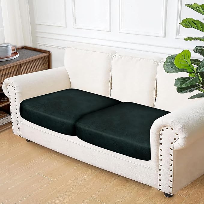 Leather Look Couch Cushion Covers Sofa Seat Slipcovers Sets Couches Furniture Protector for Sectional Armchair Loveseat Pets Kids Stretch Spandex Fabric (2 Cushion Sofa, Dark Green)
