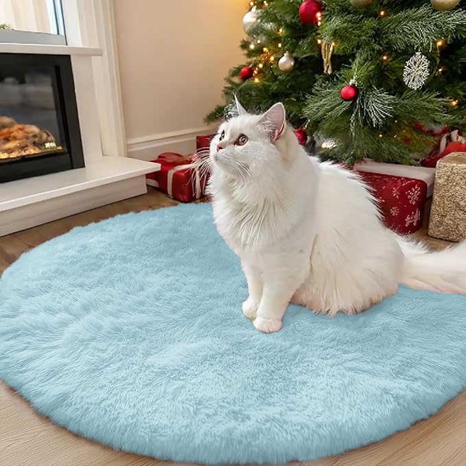 OLANLY Light Blue Round Rugs for Bedroom - Machine Washable, 3 ft Circle Area Rugs for Living Room, Soft and Fluffy Shaggy Carpet for Teen Girl and Boys, Nursery Rooms, Dorms, Home Decor Aesthetic