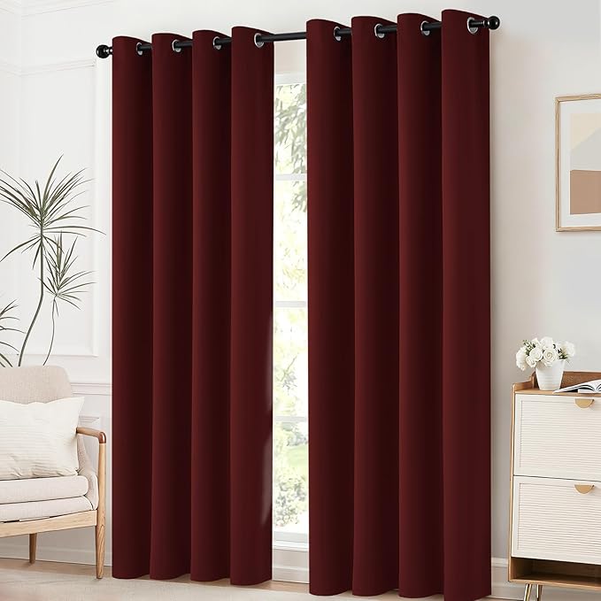 Yakamok Blackout Curtains for Bedroom, Thermal Insulated Blackout Window Curtains with Grommet Top for Living Room- Burgundy Red- 52W x 84L -2 Panels
