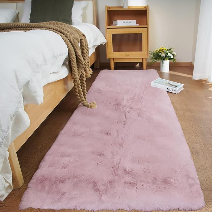 Ghouse Ultra Soft Faux Rabbit Fur Rug, Machine Washable Area Rugs for Bedroom Fluffy Rugs for Living Room, No-Shedding Carpet Sheepskin Runner Rugs Pink 2x10 Feet