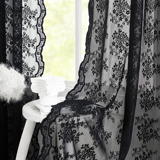 YJ YANJUN Vintage Lace Curtains 84 Inches Long-Victorian Floral Pattern Black Sheer Curtain Panels for Living Room Bedroom,Light Filtering, Gothic Witchy Halloween Drapes 2 Panels 52W x 84L
