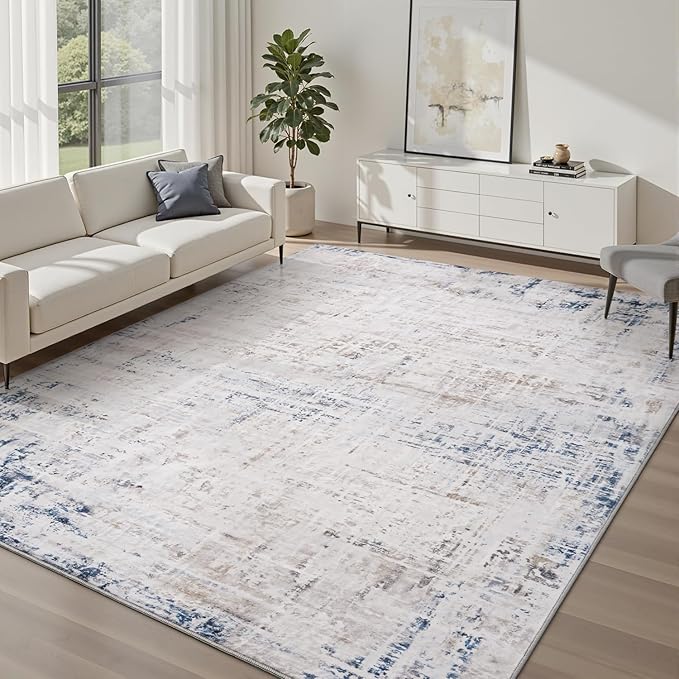 6 x 9 Area Rugs for Living Room, Machine Washable Non Slip Rug Ultra Soft Low Pile Indoor Carpet Modern Abstract Rugs for Bedroom Office Room Dining Room Beside, Blue/Grey
