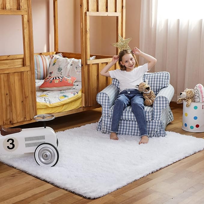 Ophanie White Rugs for Bedroom Fluffy, 4x6 Nursery Soft Fuzzy Shag Plush Shaggy Bedside Area Rug, Living Room Carpet for Girls Kids Baby Teen Dorm Home Decor Aesthetic
