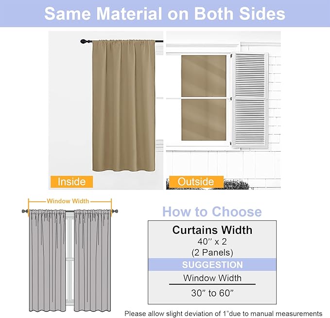 Simplebrand Ava Taupe Short Blackout Curtains for Bedroom 45 Inches Long 2 Panels Set, Solid Thermal Insulated, Energy Saving Window Treatment Curtains Blackout Drapes, W40 x L45 Inch, Taupe