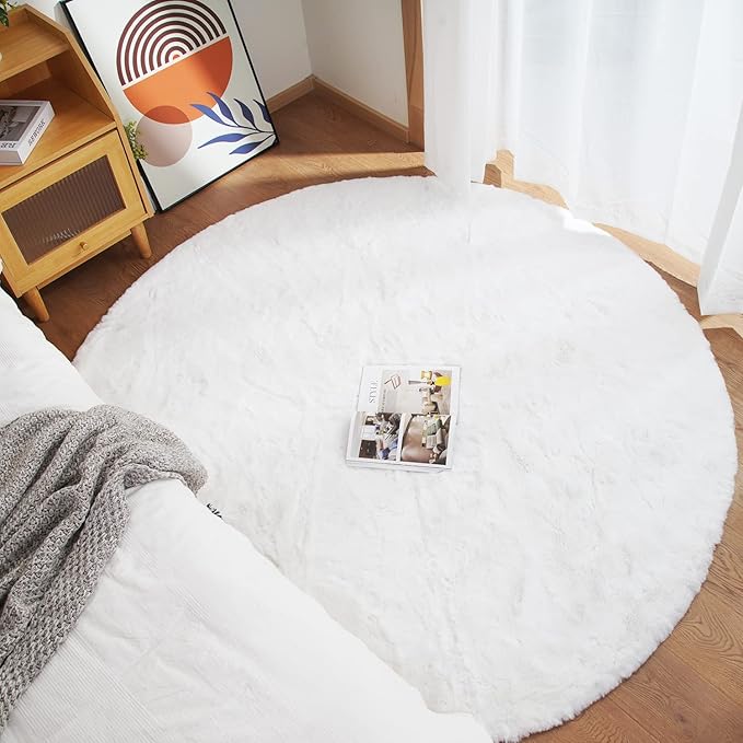 Ghouse Faux Rabbit Fur Round Rug 8ft White Round Rugs for Bedroom Decor Fluffy Area Rugs for Living Room, no-Shedding Carpet Sheepskin Washable Rug Rome Decor