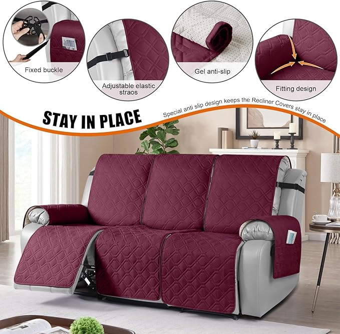 VANSOFY Waterproof Recliner Couch Covers, Sofa Covers 1-Piece Washable Reclining Sofa Cover Non-Slip Furniture Protector with Elastic Straps Pocket for Dogs, Pets(Burgundy,3 Seater)