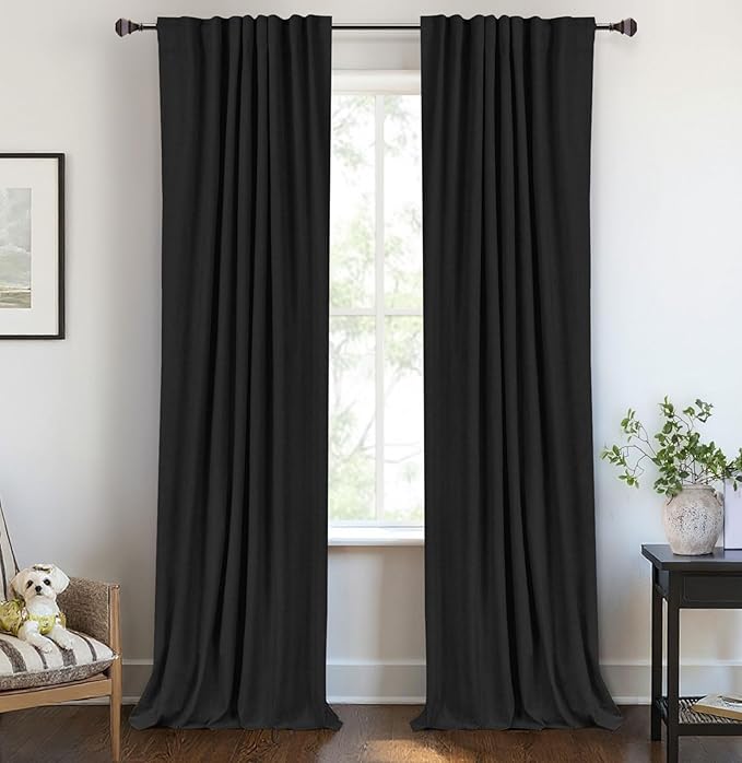 100% Blackout Shield Linen Blackout Curtains for Bedroom 108 Inches Long, Back Tab/Rod Pocket Living Room Drapes, Thermal Insulated Blackout Curtains 2 Panels Set, 50" W x 108" L, Black