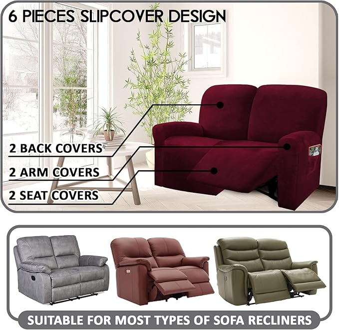 ULTICOR Reclining Love Seat Slipcover, 48" - 65" L, 6-Piece Velvet Stretch Loveseat Reclining Sofa Covers, 2 seat Love seat Recliner Cover, Thick, Soft, Washable (Burgundy - Wine)