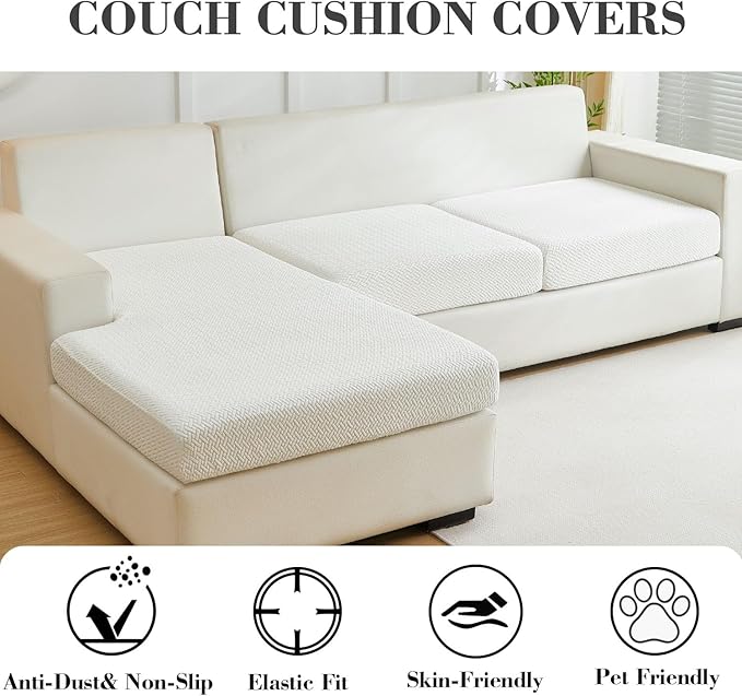 Sofa Covers Couch Covers for Sofa Pet Friendly Couch Cushion Covers Universal Sofa Covers Washable Stretch Slipcovers for Sectional Sofa (Texture Ivory White, 2 Seats + Chaise Cover)