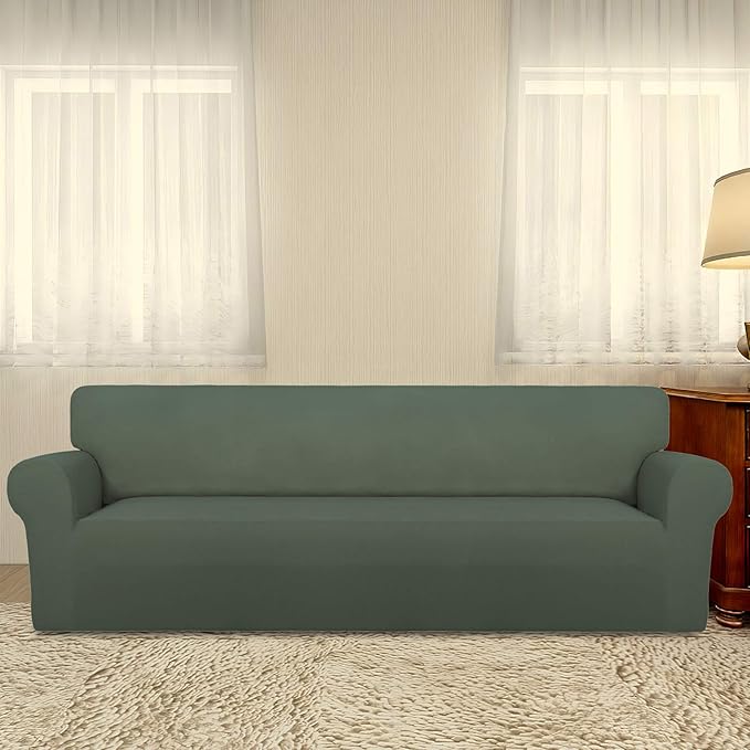 PureFit Super Stretch 4 Seater Sofa Slipcover – Spandex Non Slip Soft Couch Sofa Cover, Washable Furniture Protector with Non Skid Foam and Elastic Bottom for Kids, Pets （XX Large, Grayish Green）