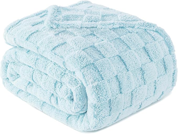 Exclusivo Mezcla King Size Flannel Fleece Blanket, Super Soft and Warm Lightweight Checkered Pattern Blankets for All Seasons, 90x104 Inches, Light Blue
