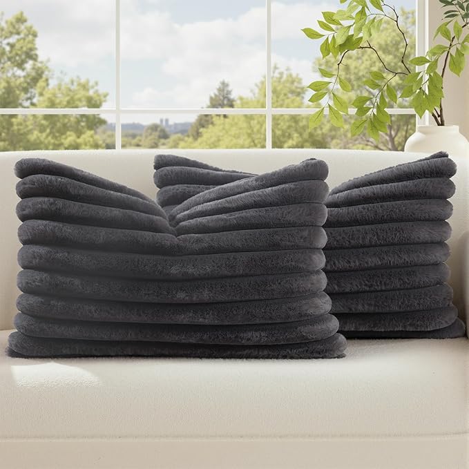 decorUhome Cozy Faux Fur Throw Pillow Covers 12x20 Set of 2 Decorative Soft Plush Striped Lumbar Modern Farmhouse Boho Couch Pillow Cases with Velvet Back for Sofa Bed Living Room, Dark Grey