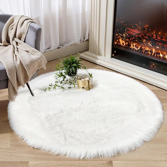 Round Fur Fluffy Area Rug for Bedroom, White Faux Fur Rugs Furry Circle Rug for Kids Room, Cute Furry Nursery Carpet, Plush Shag Circular Rugs Floor Carpets for Teen Girl Room, 3x3 Ft
