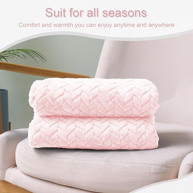 Exclusivo Mezcla Fleece Throw Blanket for Couch and Bed, 50x70 Inches Soft Cozy Jacquard Flannel Blankets, Lightweight Fuzzy Plush Warm Throws for Women, Light Pink