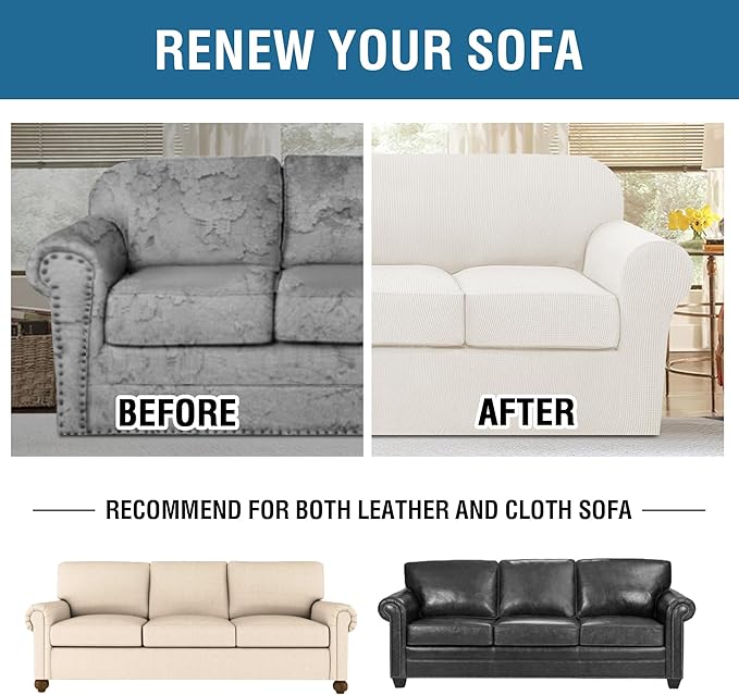 H.VERSAILTEX 4 Piece Stretch Sofa Covers for 3 Cushion Couch Covers for Living Room Furniture Slipcovers (Base Cover Plus 3 Seat Cushion Covers) Thicker Jacquard Fabric (Large Sofa, Porcelain White)