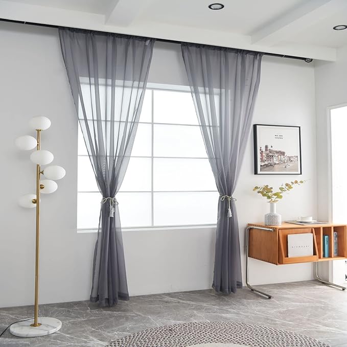 SpaceDresser Sheer Voile Window Treatment Rod Pocket Curtain Panels for Kitchen Bedroom Living Room Drapes Sunlight Filtering Privacy Semi Home Decor Assorted Colors Sizes (Grey, 52 W x 90 L)
