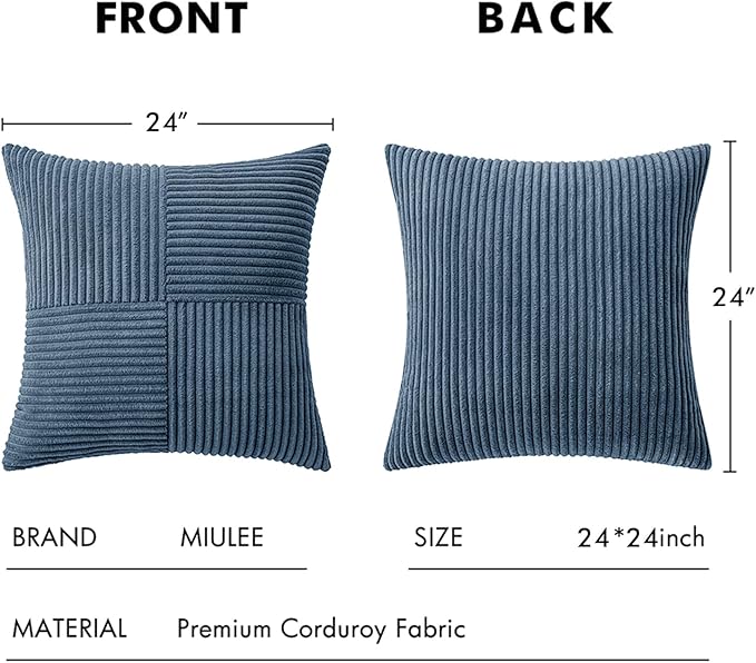 MIULEE Blue Decorative Euro Sham Pillow Covers 24x24 Inch for Bed Couch Sofa Pack of 2 Boho Farmhouse Throw Pillows Soft Cross Corduroy Patchwork Textured Cushion Cases