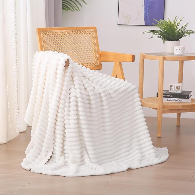 White Fleece Throw Blanket 50”×70” for Couch Sofa Bed,Super Soft Cozy Plush Microfiber Flannel Blanket with Stripes Design Lightweight for Adults,Woman,Girls