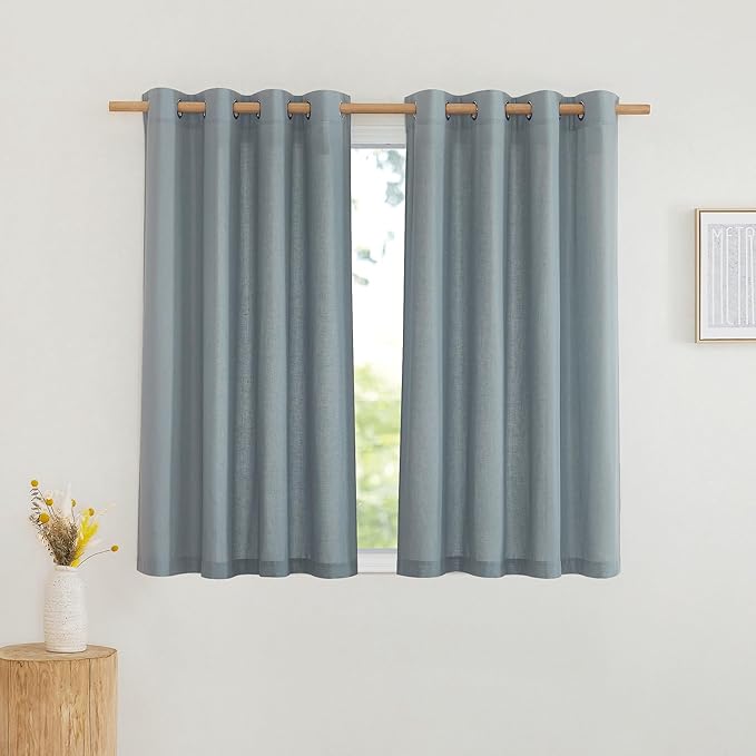 NICETOWN Thick Linen Stone Blue Curtains for Kitchen, Grommet Short Semi Sheer Window Treatments Privacy Assured with Light Filtering Linen Blend for Cafe/Boys Room, 2 Panels, W55 x L54