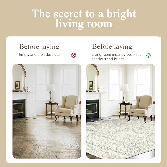 Srugn Washable Rugs 5x7 Area Rugs for Living Room,Bedroom,Dining Room- Large Ultra Soft Faux Wool Retro Carpets,Non Slip&Non-Shedding Low Pile Vintage Print Rug for Home Office Decor-Beige