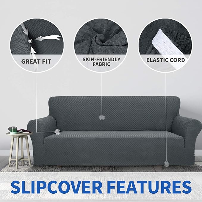 ZNSAYOTX 1 Piece Jacquard Couch Covers for 2 Cushion Couch High Stretch Loveseat Slipcover for Pets Dogs Anti Slip Love Seat Sofa Slipcover Furniture Protector (Loveseat, Dark Grey)