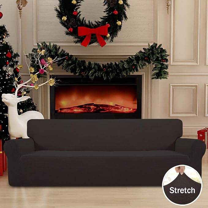 Easy-Going Stretch 4 Seater Sofa Slipcover 1-Piece Sofa Cover Furniture Protector Couch Soft with Elastic Bottom for Kids, Polyester Spandex Jacquard Fabric Small Checks Chocolate