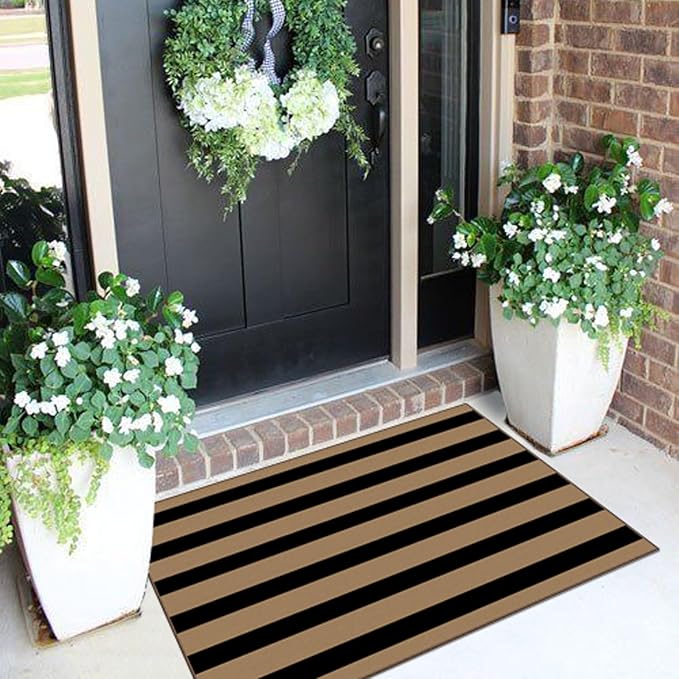 Front Door Mat Outside Entrance - 2x3 Black Tan Striped Non-Slip Washable Doormat Indoor Outdoor Mat Entry Rug Small Throw Rugs for Entryway Kitchen Bedroom Front Porch Decor