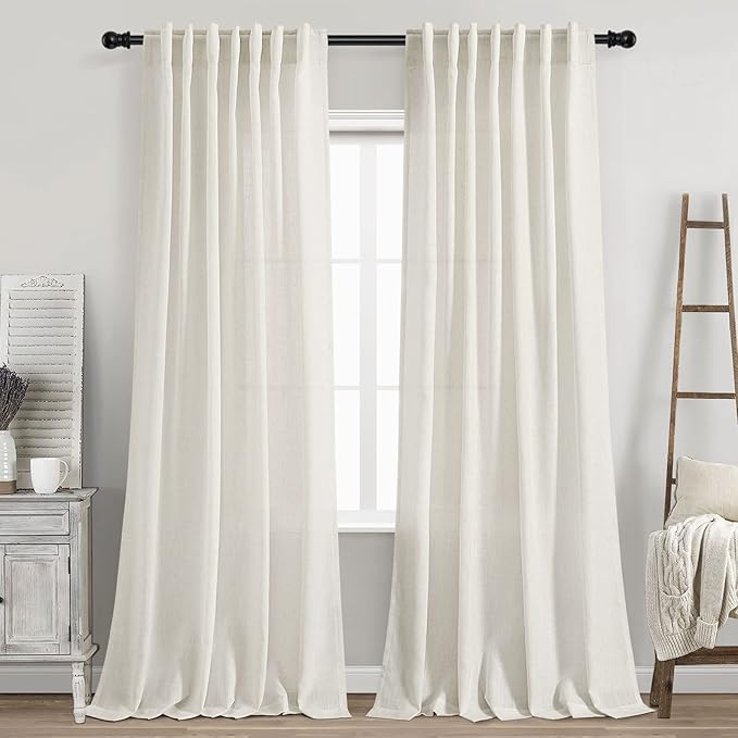 Nanspring Cream Linen Curtains 89 Inches Long for Bedroom Back Tab Light Filtering Privacy Sheer Curtains Modern Farmhouse Coastal Decor Cotton Textured Gauze Curtain for Bathroom 2 Panel Set 52x89