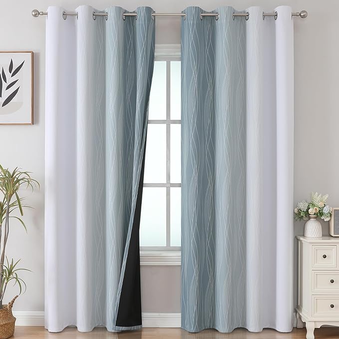 Estelar Textiler Stone Blue and Grayish White Blackout Curtains 108 Inches Long, Thermal Insulated Drapes for Bedroom, Full Light Blocking Energy Saving Long Curtains for Living Room,52Wx108L,2 Panels
