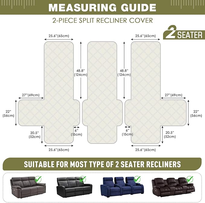 TAOCOCO 100% Waterproof Recliner Sofa Cover, Non Slip Split Couch Covers for Reclining Couches with Straps, Washable Reclining Sofa Cover Furniture Protector for Kids Pets(3 Seater, Green)