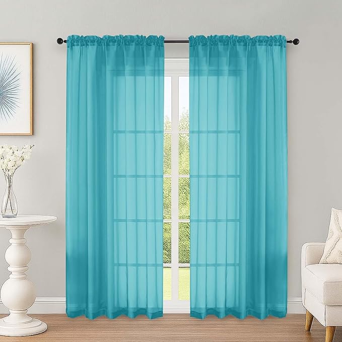 OWENIE Turquoise Sheer Curtains 72 Inches Long 2 Panels Set, Transparent Voile Sheer Curtain for Living Room Bedroom Window Sliding Glass Door Treatment, 59 x 72 Inch, Turquoise