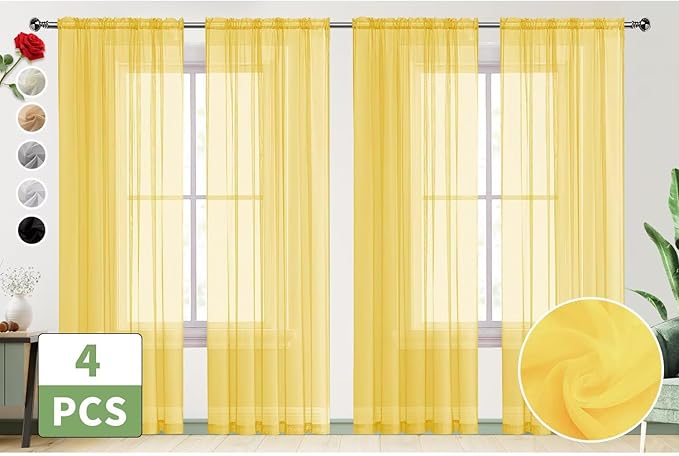 SpaceDresser Yellow Sheer Curtains 4 Panels Rod Pocket Semi-Sheer Curtain 45 Inches Long Light Filtering Voile Window Drapes for Bedroom Living Room Kitchen, Each 52W x 45L