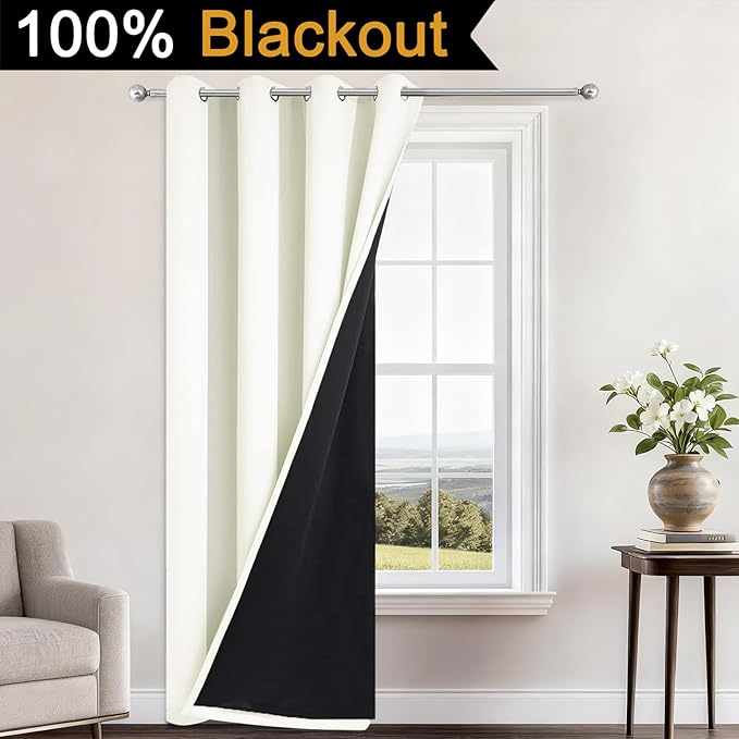 Yakamok 100% Cream Blackout Curtains for Bedroom, Light Blocking Thermal Insulated Noise Reducing Blackout Drapes for Living Room(52Wx84L, 1 Panel)