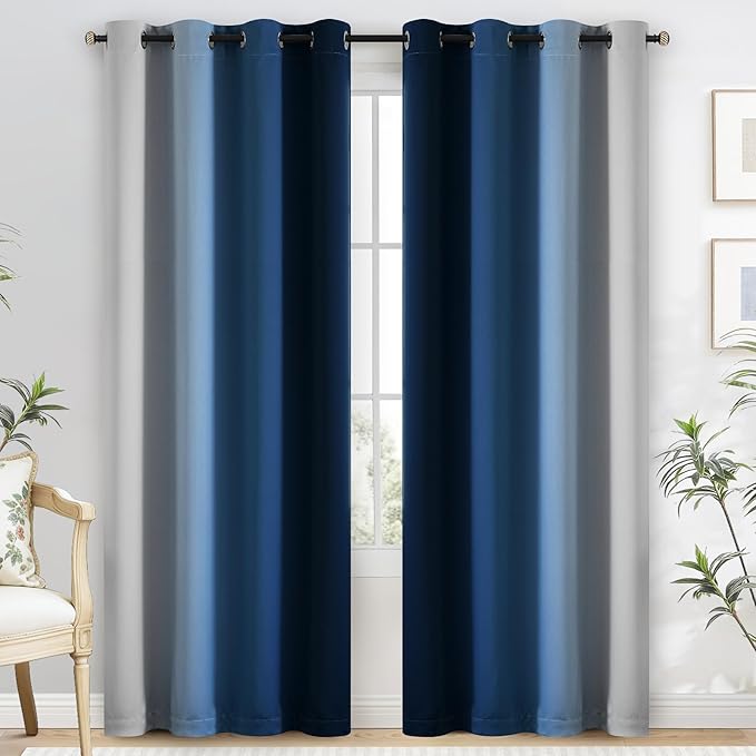 Yakamok 100% Blackout Curtains 63 Inch Length 2 Layers,Blue Curtains for Bedroom Ombre Room Darkening Grommet Gradient Drapes,Light Blocking Thermal Insulated Window Curtains for Living Room