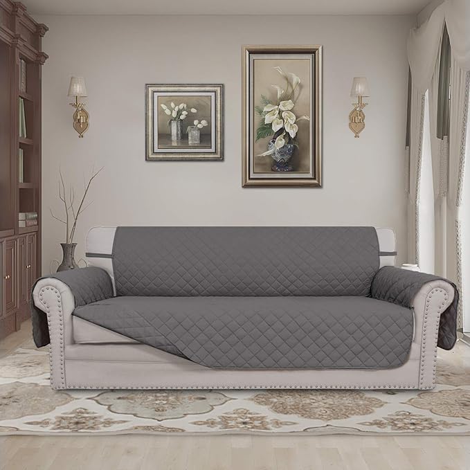 Easy-Going 4 Seater Sofa Slipcover Reversible Sofa Cover Water Resistant Couch Cover with Foam Sticks Elastic Straps Furniture Protector for Pets Children Dog Cat (XX-Large, Gray/Gray)