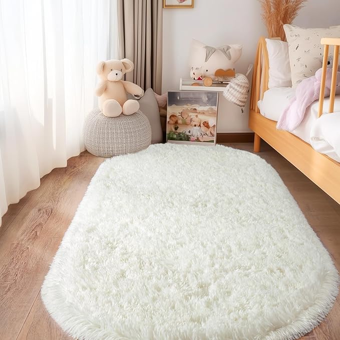 Pionblank Fluffy Oval Rug for Bedroom 3.3x6.2, Shag Throw Rugs for Bedside, Ultra Soft Cute Plush Carpet for Girls Boys Room Living Room Nursery Dorm Home Decor, Cream White