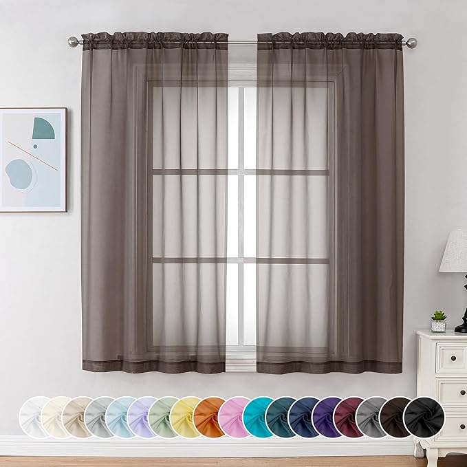 Chyhomenyc Chocolate Brown Sheer Curtains 54 Inch Long 2 Panels, Light Filtering Rod Pocket Voile Short Curtains Drapes for Living Room Bedroom Small Windows, 42Wx54L Inches