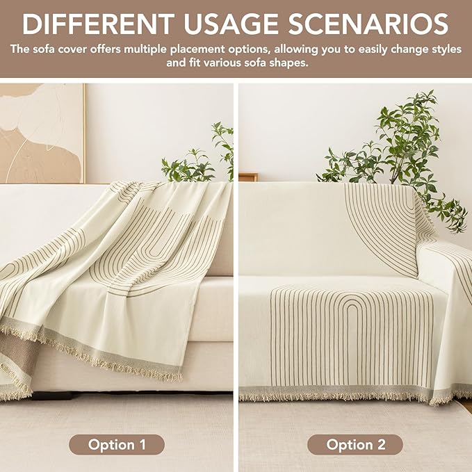 Boho Sofa Covers for 2 Cushion Couch, Chenille Sofa Slipcover for Pets Washable, L-Shape Sectional Loveseat Cover Soft Throw Blankets with Tassels(71x102,Arc Beige)