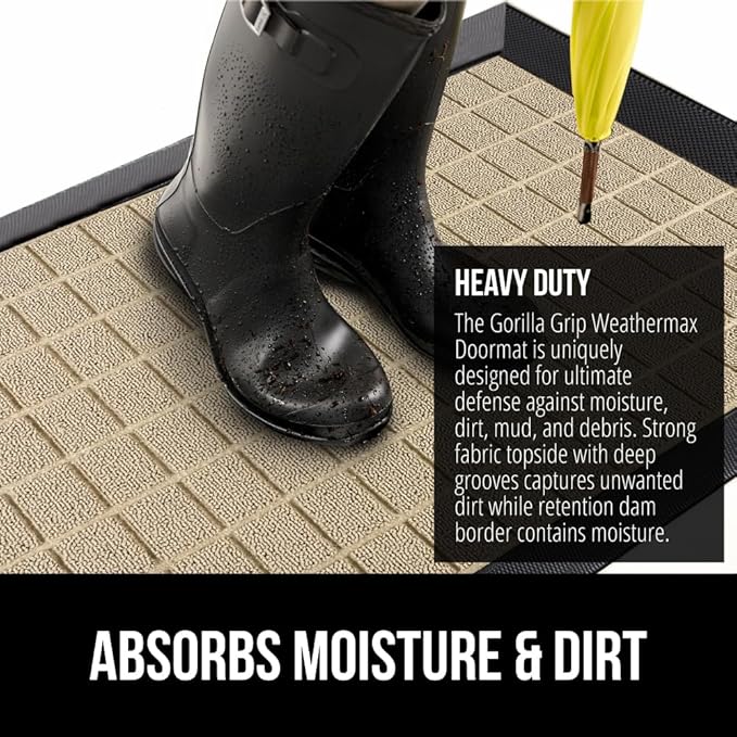 GORILLA GRIP 100% Waterproof All-Season WeatherMAX Doormat US Designed Natural Rubber, Stain and Fade Resistant, Low Profile Indoor Outdoor Door Mats, Easy Clean Patio Mat, 29x17, Taupe Grid