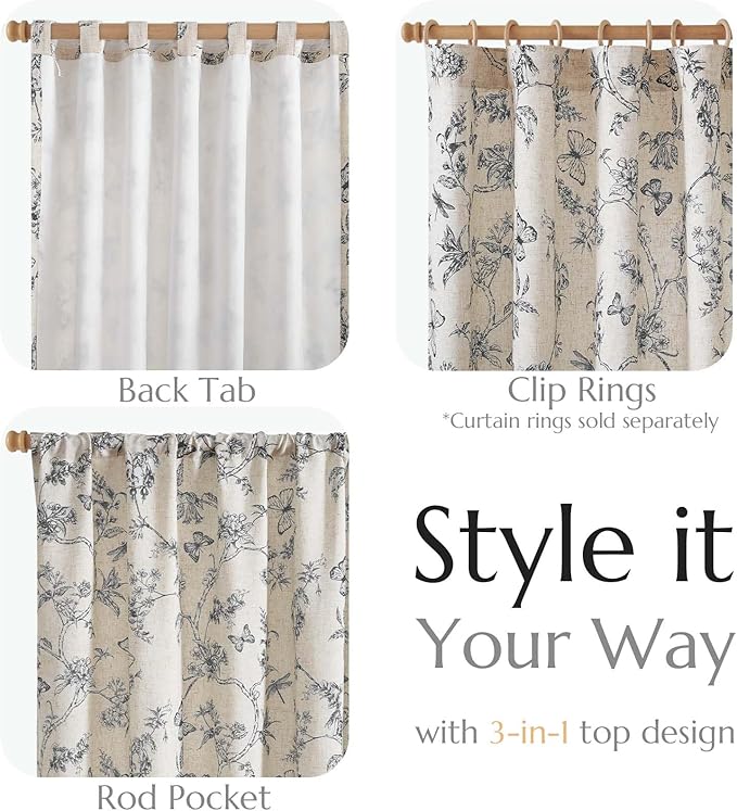 jinchan Floral Curtains Lined Linen Blend Curtain for Living Room 84 Inch Length Black Farmhouse Flower Patterned Curtain French Country Curtains Drapes Back Tab Rod Pocket 2 Panels