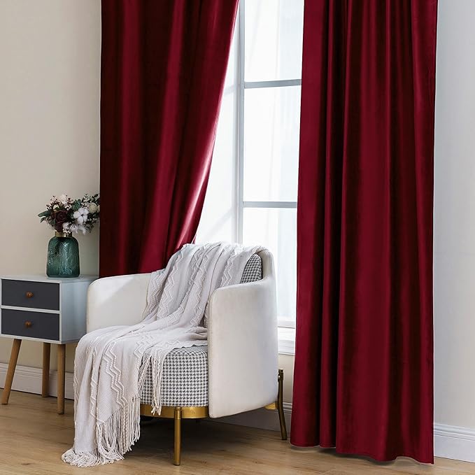 MIULEE Velvet Curtains 90 inches 2 Panels Luxury Blackout Curtains for Bedroom Living Room Thermal Insulated Super Soft Christmas Window Drapes Rod Pocket & Back Tab, Burgundy Red, W 52 x L 90 inch