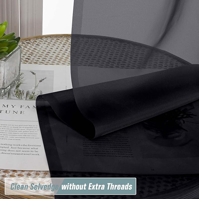 Black Valances for Windows 14 inch Length 2 Panels Set, Small Voile Sheer Curtains for Bathroom, Soft Fabric Lightweight Light Filtering Kitchen Curtains, Dual Rod Pocket, 2x42Wx14L Inches