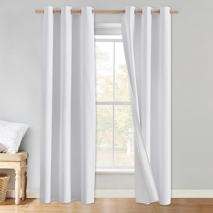 NICETOWN 100% Absolutely Blackout Linen Curtains with Thermal Insulated White Liner, White, 42 inches Wide, 90 inches Length Energy Saving Curtains for Living Room 2 Panels Set, Vertical Blinds