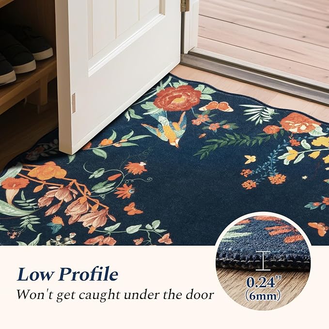 Rugflix 2x6 Runner Rug for Hallway, Washable Kitchen Runner Non Slip, Soft Low Pile Entryway Carpet, Vintage Floral Stain Resistant Long Laundry Room Rugs for Bedroom, Stairs