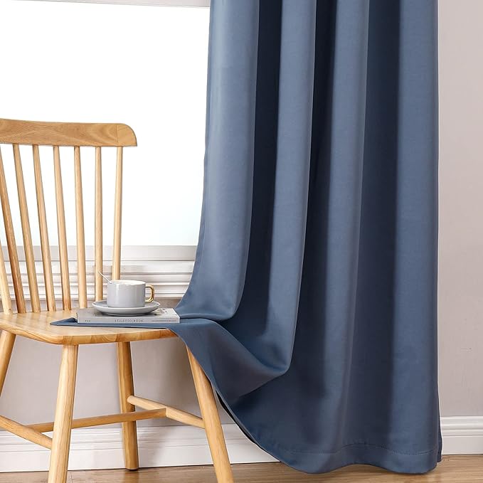 ChrisDowa 100% Blackout Curtains 84 inch Long for Bedroom with Black Liner, Extra Wide 2 Thick Layers Total Blackout Thermal Insulated Grommet Window Curtains 2 Panels Set (Stone Blue, 60 x 84 Inch)