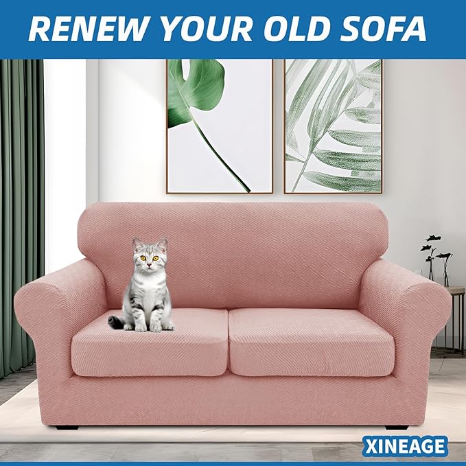 XINEAGE New 3 Pieces Couch Covers for 2 Cushion Sofa Super Stretch Loveseat Slipcover Pet Dog Universal Slip Cover Anti Slip Love Seat Furniture Protector (Dusty Pink, 55"-69")
