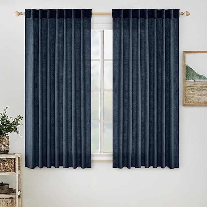 MIULEE Navy Blue Linen Curtains 54 Inch Length 2 Panels for Bedroom Living Room, Soft Thick Linen Textured Natural Short Window Drapes Semi Sheer Light Filtering Back Tab Rod Pocket Burlap Look Decor